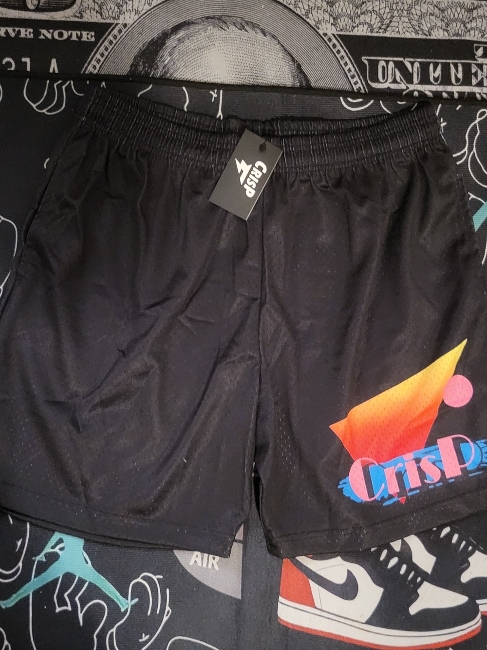 CrispSport Black Men's Athletic Shorts with Sunset Gradient Logo